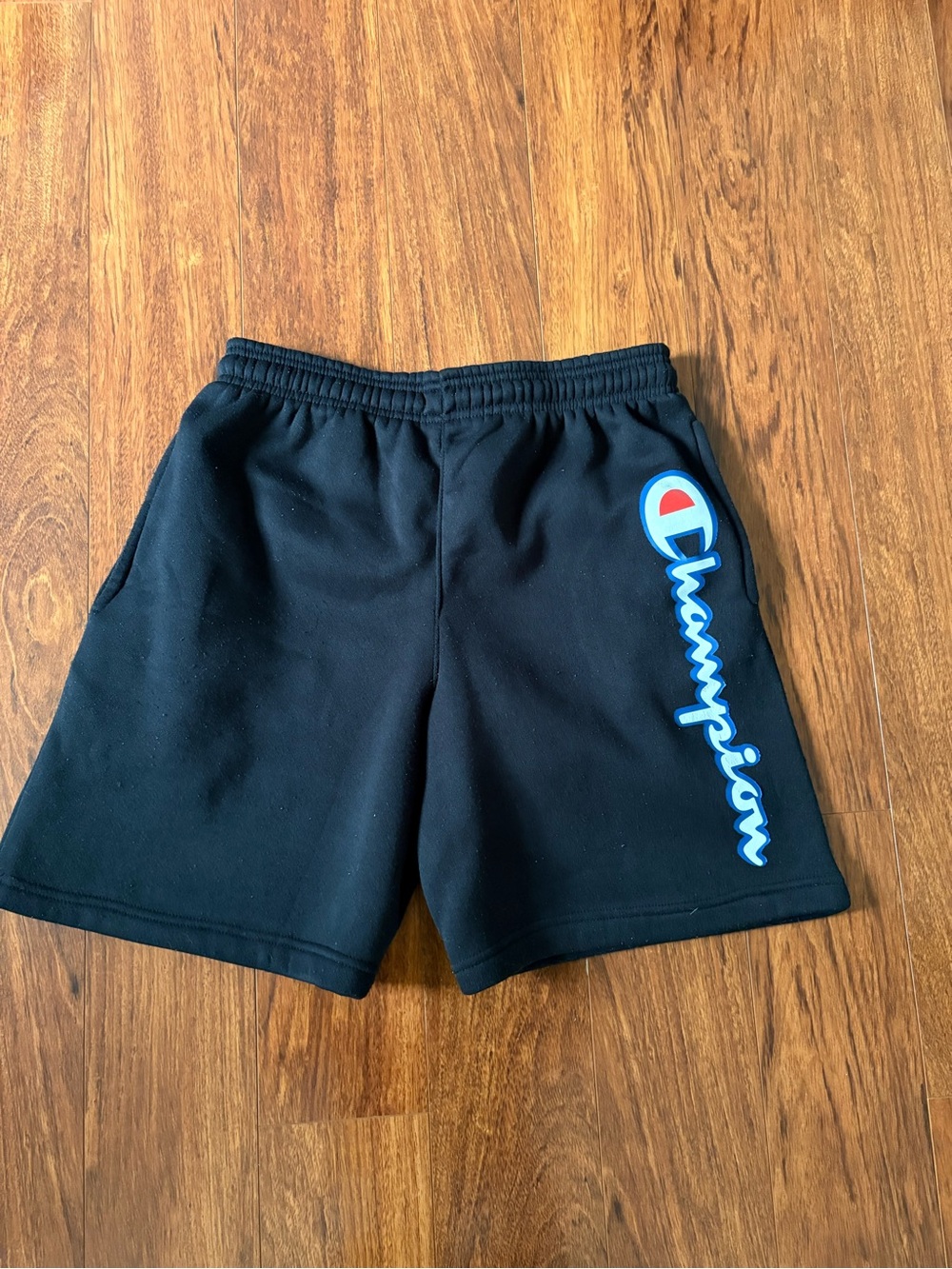 Champion Black Athletic Shorts with Blue & Red Logo